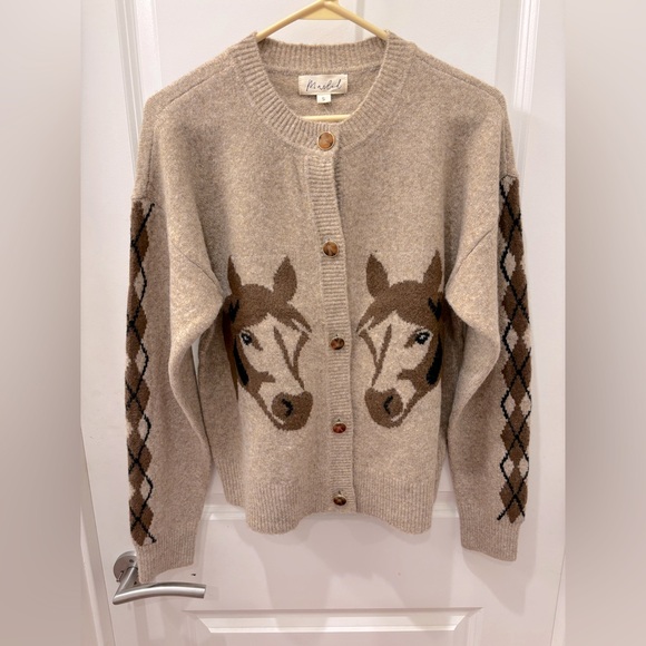 NWT Marled wool blend Horse and Argyle Cardigan -L - Picture 1 of 10